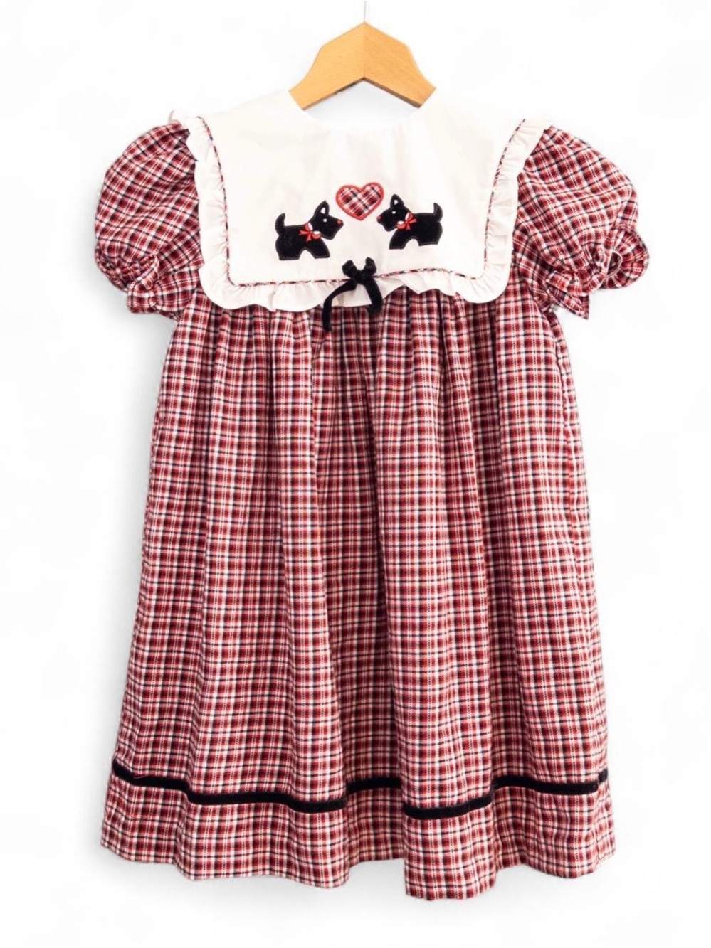 Vintage 90s BT Kids Plaid Scottie Dog Dress Girls Size 6 Red Black Holiday